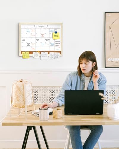 Dry Erase Calendar Whiteboard for Wall, Small Combination Magnetic Dry Erase White Board & Bulletin Board, 13" x 17"，White Frame Calendar/Cork Combo Board(WH-3343)