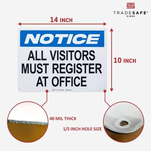 TRADESAFE All Visitors Must Register At Office - Aluminum Safety Sign, Quick Install Signs for Business, Light Reflective, UV-Resistant 14” X 10” Visitor Sign In Metal Signs