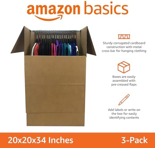 Amazon Basics Sturdy Wardrobe Moving Boxes, 20" x 20" x 34", Brown, 3-Pack