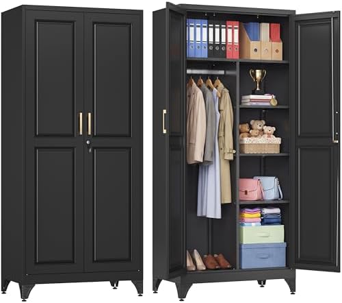 71" Metal Wardrobe Closet with Lock, Black Storage Cabinet with Hanging Rod & 3 Adjustable Shelves, Heavy Duty Steel Armoire for Clothes, Secure Lockable Organizer for Bedroom, Home Office & Laundry