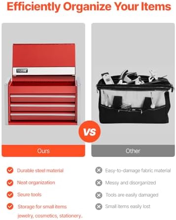 VEVOR Metal Tool Box, 8.6-inch, Portable Metal Tool Box with 3 Drawers, Small Tool Chest with EVA Liners and PP Feet Pads, Heavy-Duty Steel With Ball Bearing Opening and Powder Coated Finish, Red