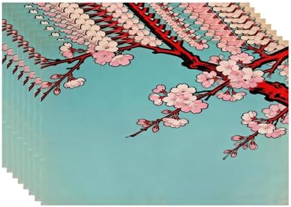 Batmerry Shabby Chic Cherry Blossom Linen Placemats Set of 8, Turquoise Vintage Washable Table Mats for Kitchen Table Thickened Heat Insulation Dining Set Indoor Outdoor 12X18 in