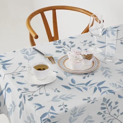 Blue Leaves Tablecloth, Summer Light Blue White Grey Leaves Fern Forest Herbs Plants Print Table Cloth for Indoor Outdoor Dining Table Party Picnic Decor 55x55in