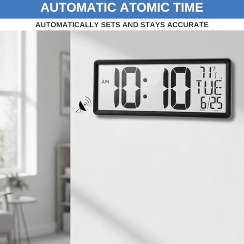 Wall Clock – 14" Atomic Digital Wall Clock with Extra-Large 4.5" Time Display | Battery Operated, Radio Controlled with Automatic Daylight Saving Time | Temperature, Date & Dual Alarms
