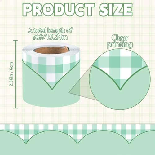 50ft Checkered Bulletin Board Borders, Checkerboard Straight Trim Border with Scalloped Edge Print, Classroom Decor for Chalkboard Whiteboard Back to School Supplies, Green and White