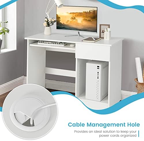 COSTWAY Computer Desk with Keyboard Tray, Large Drawer, Home Office Desk with Adjustable Shelf & Cable Hole, Study Desk, Modern Writing Workstation, PC Laptop Table (White)