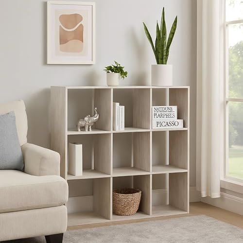 Benjara 9 Cube Wooden Organizer with Grain Details, White
