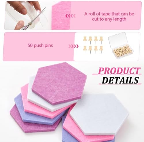 6.7 x 5.9 in 16 Pcs Hexagon Cork Board Tiles, Felt Pin Boards, Pink