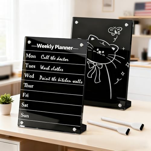 2PCS Black Acrylic Weekly Dry Erase Board Desktop, 8x6 Small Magnetic Whiteboard with Stand for Table Fridge Calendar Memo Board, Daily Planner Blackboard Easel for Office, School