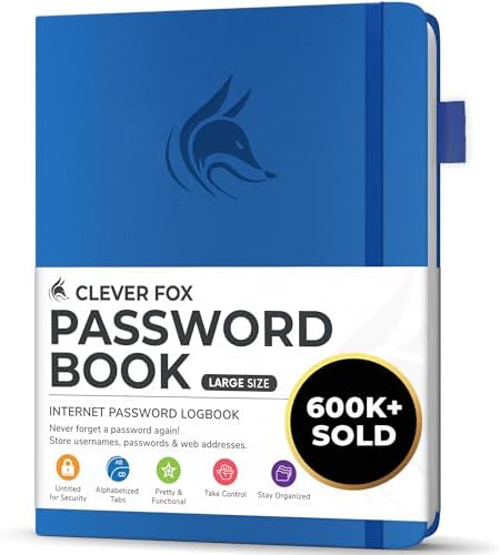 Clever Fox Password Book with Alphabetical Tabs, 7"x10" Keeper Royal Blue