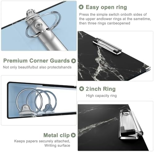 Rouidr 3 Ring Binder, 2 Inch Round Ring Binder Organizer with Clipboard, 5 Dividers Tabs, A4 8.5 x 11 Inch Paper & Clear Sleeves for School, Office Supplies, Black Textured Marble