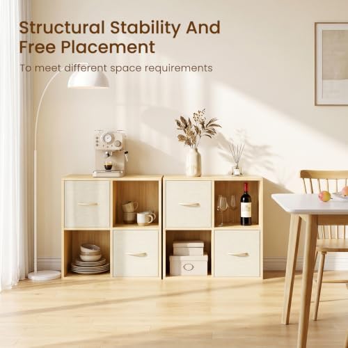 EXPERLAM 4 Cube Storage Organizer - Solid Wood Bookshelf with 2 Storage Bins, Cube Shelf with 2 Removable Back Panels, Vertical or Horizontal Bookcase, Open Book Shelf for Bedroom, Living Room, Office
