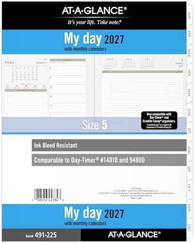 AT-A-GLANCE 2027 Planner Refill Daily, 8.5" x 11", Folio Size 5, Two Page Per Day Refill, 7-Ring Loose-Leaf (491-225-27)