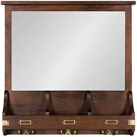 Kate and Laurel Stallard Decorative Wood Home Wall Organizer Mirror with Pockets and Key Hooks, Walnut Brown