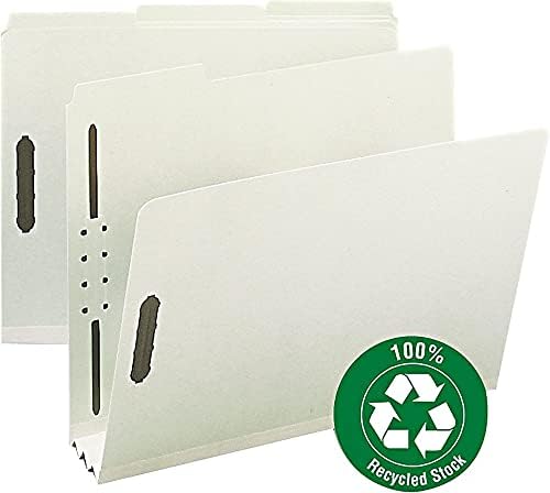 Smead 100% Recycled Pressboard Fastener File Folder, 2 Fasteners, 1/3-Cut Tab, 3" Expansion, Letter Size, Gray/Green, 25 per Box (15005)