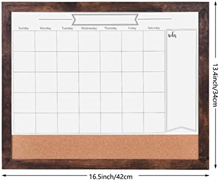 Dry Erase Calendar Whiteboard for Wall, Small Combination Magnetic Dry Erase White Board & Bulletin Board, 13" x 17" Walnut Brown Frame Calendar/Cork Combo Board(WB-3343)