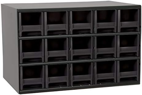 Akro-Mils Steel Garage Storage Cabinet, Small Parts Organizer Metal Cabinet for Hardware, Nails, Screws, Bolts, Nuts, and More, 17" W x 11" D x 11" H, 15-Drawer, Gray Cabinet/Black Drawers (19715)