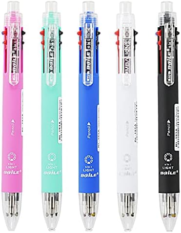 Baile 6 in 1 Multifunctional Ballpoint Pens 5 Colors 0.7 mm Ballpoint Pen and 0.5 mm Mechanical Pencil in One Pen, Pack of 5
