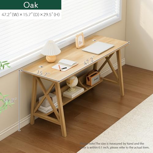 NELYE Extra Long Writing Desk with Bookshelf, 47" Wx16 Dx30 H, Oak