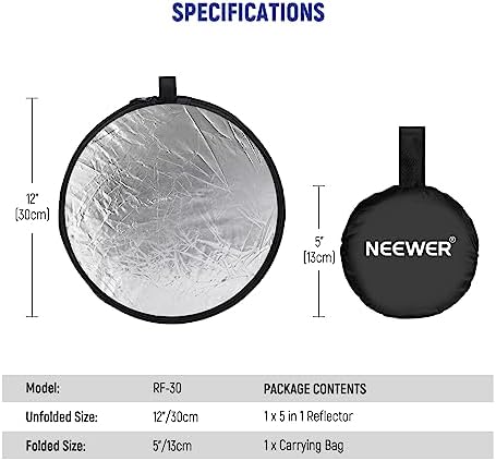 NEEWER 12 Inch/30 Centimeter Light Reflector Light Diffuser 5 in 1 Collapsible Multi Disc with Bag - Translucent, Silver, Gold, White, and Black for Studio Photography Lighting and Outdoor Lighting