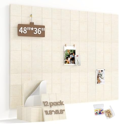 Large Felt Bulletin Board for Walls: 12-Pack Black Cork Board Alternative 11.8x11.8 Inch Peel and Stick Pin Board Wall Decor for Home Organization, Office Memo Board, Self-Adhesive Wall Tiles