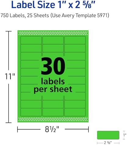 Avery Printable Address Labels with Sure Feed, 1" x 2-5/8", Neon Green, Laser & Inkjet Compatible, 750 Blank Labels per Pack, Great for Branding, Mailing, Organizing, and More (5-Pack of 5971)