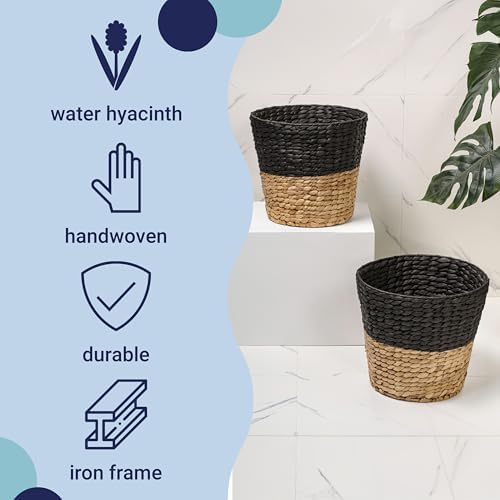 happimess Toby 3.1 Gal Water Hyacinth Wastebasket, Black/Natural, Set of 2