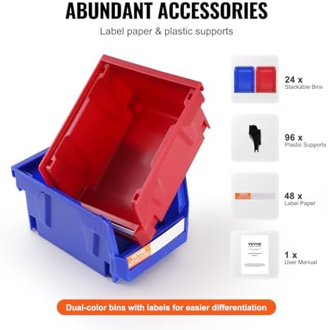 VEVOR Plastic Storage Bins 24 Pack (5 x 4 x 3-Inch), Hanging Stackable Storage Organizer Bins, Heavy Duty Stacking Containers for Closet, Garage, Office, or Small Parts Organization