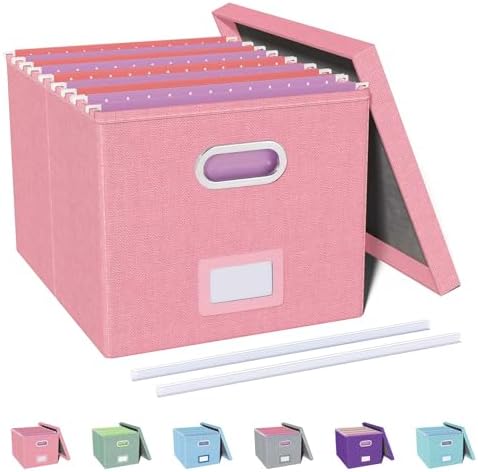 Oterri File Organizer, File Box, File Cabinet for Letter File Folder Storage, Portable Storage Bins with Lids for Office/Decor/Home, 1 Pack, New-pink-Box only