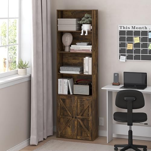 Furinno Jensen 6-Tier Farmhouse Style Book Shelf with Doors, Amber Oak