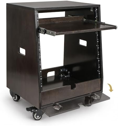 Sound Town DIY Slanted 10U Studio Rack (2U Top + 8U Lower) with 2U Bottom Storage, Slide-Out Tray, Casters, for Home Studio and Recording Room, Birch Plywood, Black Espresso (SDRK-ST10TD)