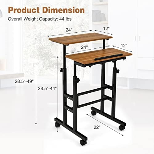 COSTWAY Mobile Standing Desk, Height Adjustable Rolling Laptop Cart w/Tilting Desktop for Standing or Sitting, Lockable Casters, Home Office Computer Workstation for Small Spaces (Brown)