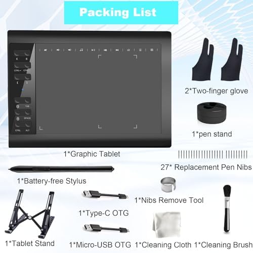 Graphics Drawing Tablet TEROW,10x6 inch Digital drawing tablet with Bracket and 8192 Levels Stylus for PC/Mac/Android 5.0 for Drawing and Online Teaching,Drawing pad drawing borard and Computer tablet