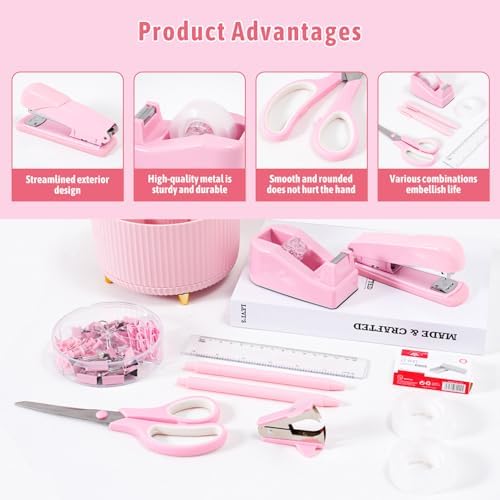 Gawsey Pink Desk Organizers and Accessories with Desk Organizer 360° Rotating Pen Holder and Office Supplies, Cute Stationery Supplies Set