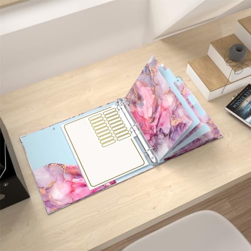 Rouidr 3 Ring Binder, 2 Inch Round Ring Binder Organizer with Clipboard, 5 Dividers Tabs, A4 8.5 x 11 Inch Paper & Clear Sleeves for School, Office Supplies, Red Marble
