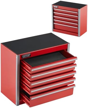 VEVOR Metal Tool Box, 8.6-inch, Portable Metal Tool Box with 5 Drawers, Small Tool Chest with EVA Liners and PP Feet Pads, Heavy-Duty Steel With Ball Bearing Opening and Powder Coated Finish, Red