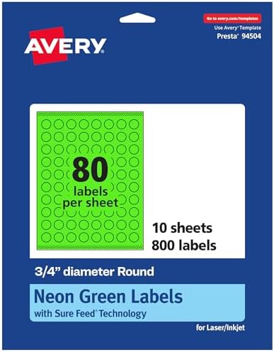 Avery® Printable Round Labels, Sure Feed® Technology, 3/4" Diameter, Neon Green Labels, Print-to-the-Edge, Laser/Inkjet, 800 Total, Great for Price Stickers and Mailing Seals