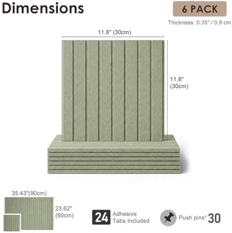 SIOLOC Ribbed Felt Bulletin Board Tiles, 6 Pack Sage Green Cork Board Alternative for Walls, 36 x 24 in Grooved Felt Wall Tiles, Large Pin Board for Home Office Classroom Dorm Decor