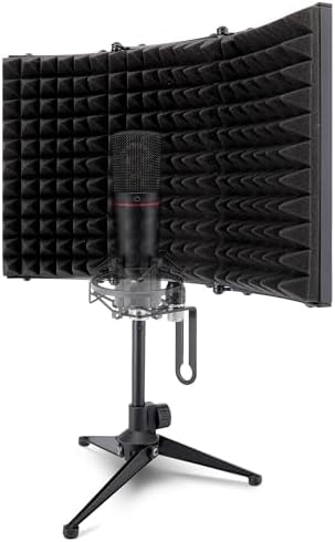 Pyle Compact Microphone Isolation Shield – Portable Studio Mic Sound Dampening Foam Reflector with Adjustable Panels, Acoustic Foam, Tabletop Tripod Stand for Recording & Podcasts