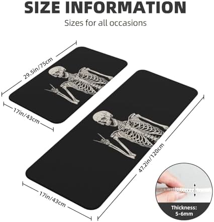 Skull Smile Kitchen Floor Mat Set of 2, Non Slip Rugs Absorbent Mats for Floor Countertop Office Home, Rock and Roll Indoor Outdoor Decor Doormat 17" x 29.5" + 17" x 47"