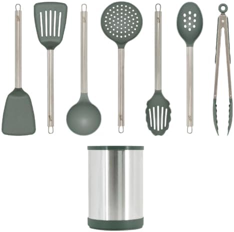 Glad Kitchen Utensils Set, 8pcs - Nonstick Cooking Tools with Stainless Steel Handles & Rotating Utensil Holder - Turners, Ladle, Spoon, Tongs, Spaghetti Server, and Skimmer - Dishwasher Safe, Green