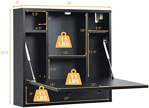 COSTWAY Wall-Mounted Computer Desk, Floating Desk with Storage Drawer & Shelves, Fold-up Desktop & Pneumatic Springs, Ideal for Home, Office, Dormitory, Small Spaces (Black)