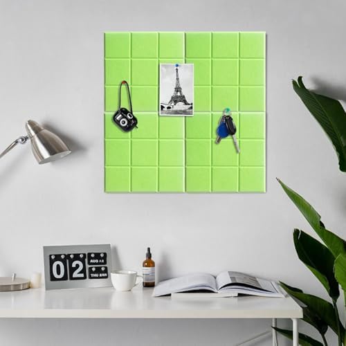 6 Packs Cork Board Felt Board Tiles, Bulletin Board 12"X12" with 30 Push Pins, Felt Board for Home Kitchen Office Decor, Self-Adhesive Corkboard Tiles for Walls School Message Display Board-Green-2