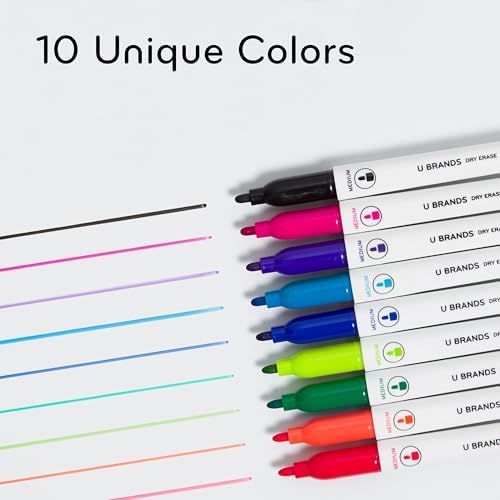 U Brands Fine Tip Dry Erase Markers with Eraser, Low Odor Whiteboard Markers Fine Tip, Assorted Bright Colors, Set of 10