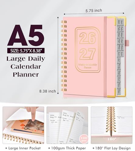 Academic Planner 2026-2027, Weekly and Monthly Hardcover Planner, July 2026 - June 2027, 5.75" x 8.38" A5 Large Daily Calendar Planner Book with Tabs, Spiral Yearly Agenda Organizer Notebook for School Work Home, Pink