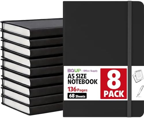 8 Pack Lined Journal Notebook for Work, A5 Hardcover (5.5" x 8.3"), Black 136 Pages Medium College Ruled Notebook Bulk, for Writing, Note Taking, Business Work School Home