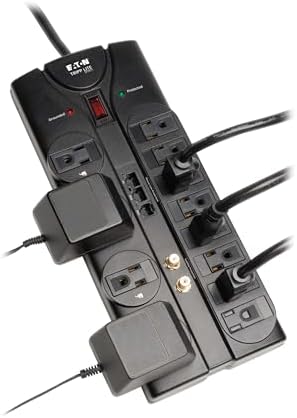 Eaton Tripp Lite TLP1208SAT Home Theater Surge Protector Power Strip, 12 Outlets, Flat Plug 8ft Extension Cord, 2880 Joules Coax, RJ11 and RJ45 Port for Phone, TV, WiFi Router, & Ethernet Protection