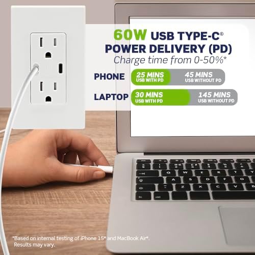 Leviton 60W (6A) USB Dual Type-C/C Power Delivery in-Wall Charger with 15A Tamper-Resistant Outlet, USB Charger for Smartphones, Tablets, Laptops, T5636-W, White