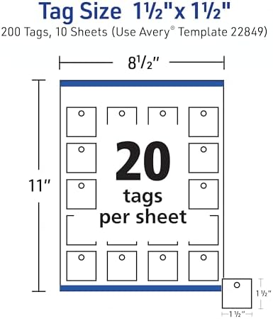Avery® Square Printable Tags, Sure Feed® Technology, 1.5" x 1.5", White, Includes String, Laser/Inkjet Printable, 200 Total, Great for Branding, Gifts, Merchandising, and More (22849)