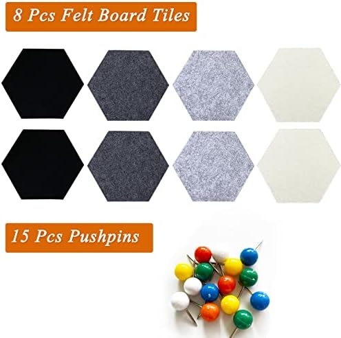 8Pcs Hexagon Felt Cork Board Tiles, Self Adhesive DIY Bulletin Board Pin Board for Office School Home Wall Decor Stickers Memos Photos Display (Gradual Grey)